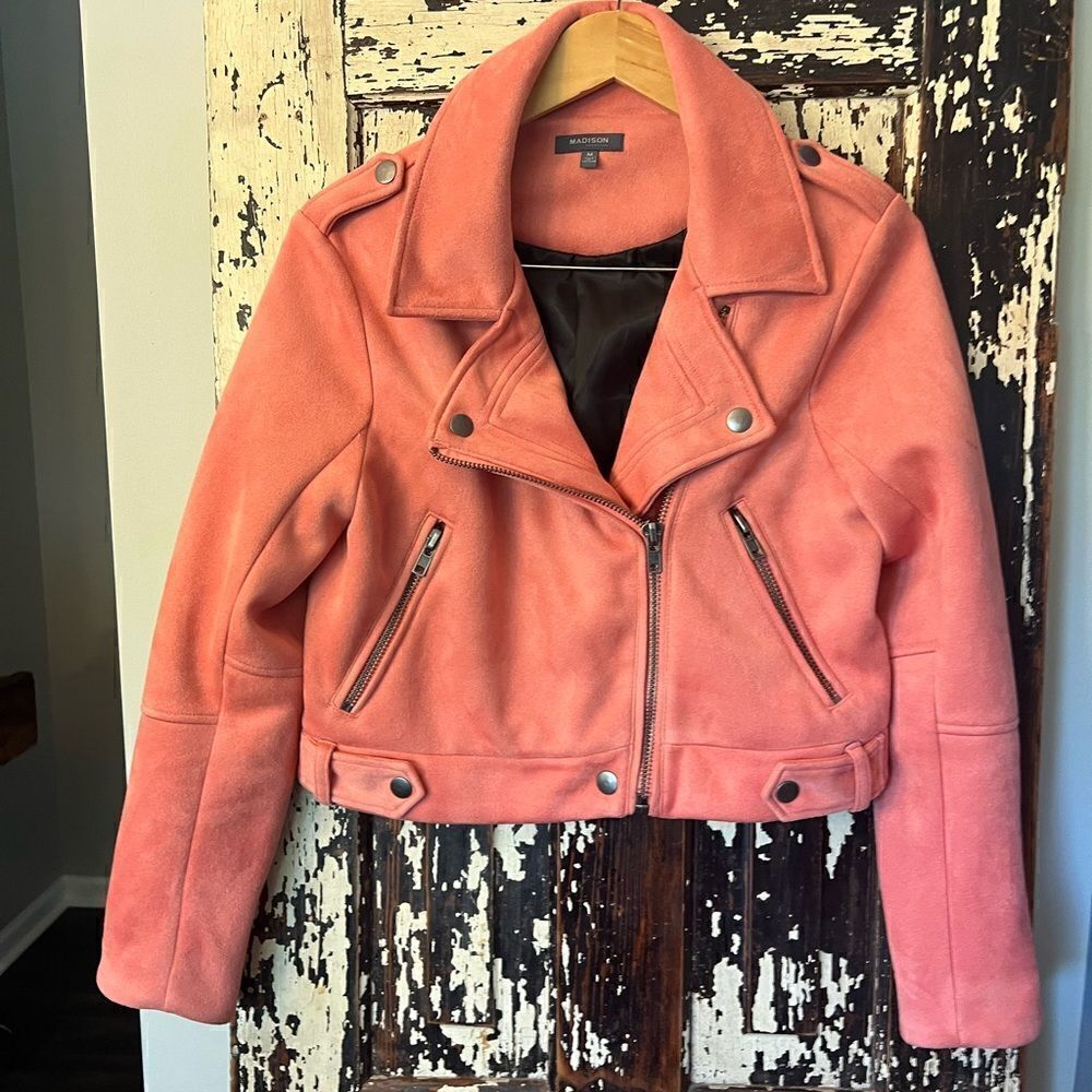 Madison Women's Jacket Blush Pink‎ Suede Moto Zip Up  Designer Coat. Size Medium
